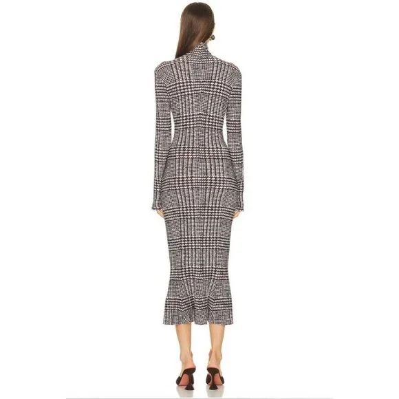 Norma Kamali Long Sleeve Turtleneck Fishtail Dress Chocolate Plaid Tweed